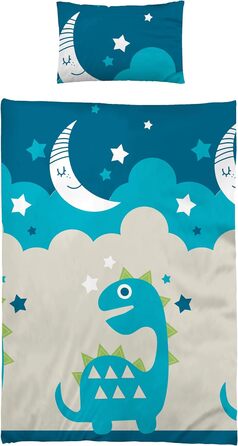 Комплект постільної білизни для ліжечка BaSaTex: 100x135 см, 40x60 см, 100% бавовна, дитячий, з принтом Місяць, Зірки, Динозавр, блакитний
