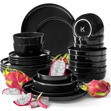 Набір посуду Konsimo VICTO на 6 осіб: 24-piece чорний глянцевий сервіз з 18 предметів з кераміки для сім'ї