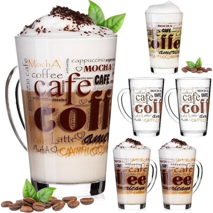 PLATINUX Coffee Glasses with Motif, max. 350ml, Set of 6, Glass Latte Macchiato Glasses with Handle, Cappuccino Glasses