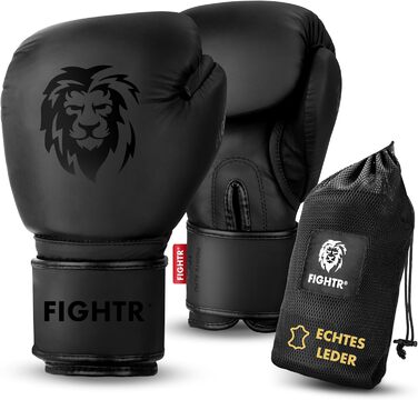 Боксерські рукавички FIGHTR® Pro з натуральної шкіри | чоловічі та жіночі | для боксу, MMA, муай-тай, кікбоксингу та єдиноборств | 10, 12, 14, 16 oz | з сумкою 16 oz All Black