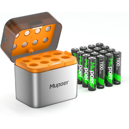 Акумулятори AAA з зарядним пристроєм, 16 шт. - NiMH 1.2V 1100mAh, сумісні з Gigaset, іграшками, раціями, камерами