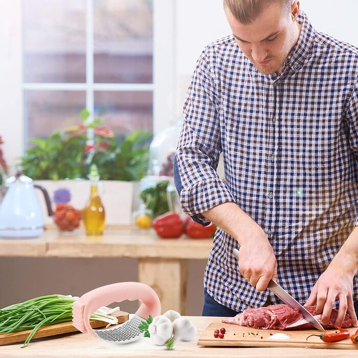 Пресс для часнику та імбиру з важелем, набір з очищувачем для апельсинів, рожевий, нержавіюча сталь