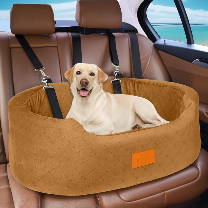 Dog Car Seat for Medium/Large Dogs (Up to 25kg) or 2 Small Dogs - with Safety Leashes & Washable Cushion - Rear Seat (Coffee Color)