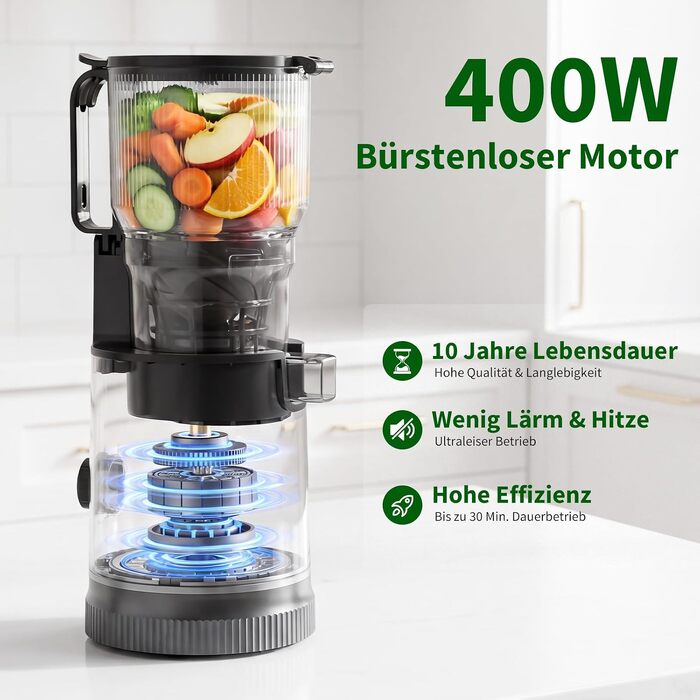 Шнекова соковижималка Entsafter Slow Juicer SJ-065, 400 Вт, XL-завантажувач 152 мм, Titanium Gray