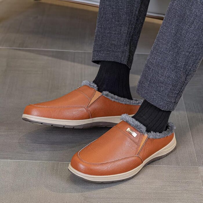 Чоловічі халапи шкіряні зимові теплі з плюшевою підкладкою, тапочки для дому та вулиці (червоно-коричневий, 42 EU)