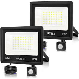 LED прожектор з датчиком руху для вулиці, 50Вт, 5000Лм, IP67, 7000K холодне біле світло, надяскравий, для саду, гаража, подвір'я (2 шт)