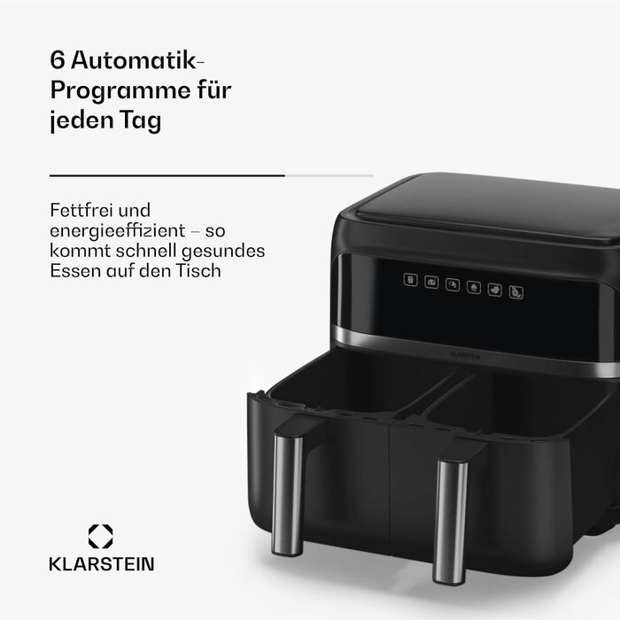 Klarstein Air Fryer, Dual Chamber Hot Air Fryer, 2850W Compact Air Fryer, 7.6L Air Fryer with Touch Control Panel, Timer, Preheat, 6 Modes, Large Hot Air Fryer, Air Fryer XL Black Duo Basic
