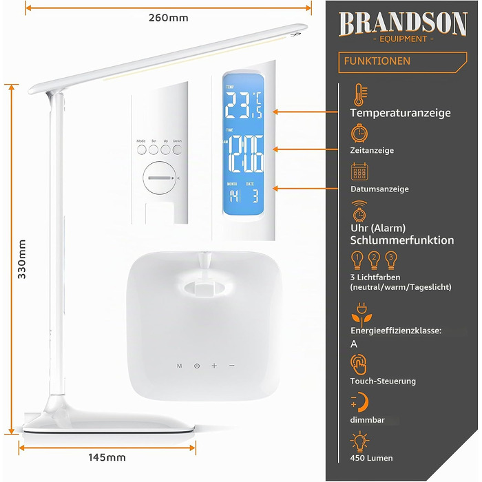 Світлодіодна настільна лампа Brandson з регулюванням яскравості, захистом очей, 3 режимами світла, термометром, годинником та календарем (Біла)