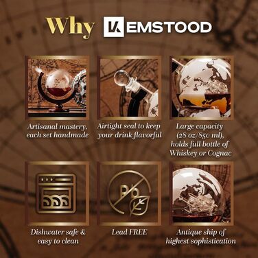 Kemstood Whisky Decanter Globe Set (850 ml) - Elegant Whiskey Decanter with Glasses, Wooden Stand, and Engraved World Map - Whiskey Gift Set/Gifts for Men Who Have Everything, Whiskey Decanter