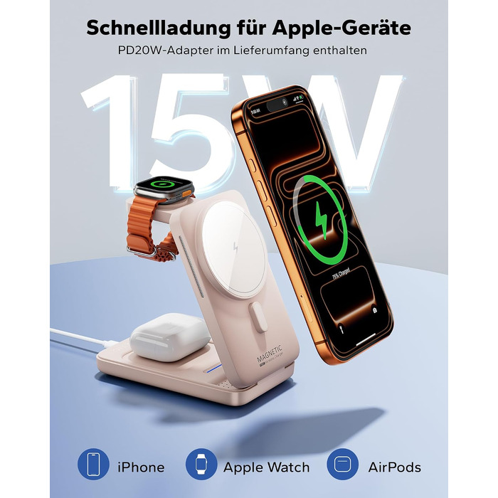 Бездротова зарядна станція KPON MagSafe 3-в-1 для iPhone 17-12, Apple Watch 11-2 та AirPods, складана швидка зарядка з адаптером 20W, Рожева