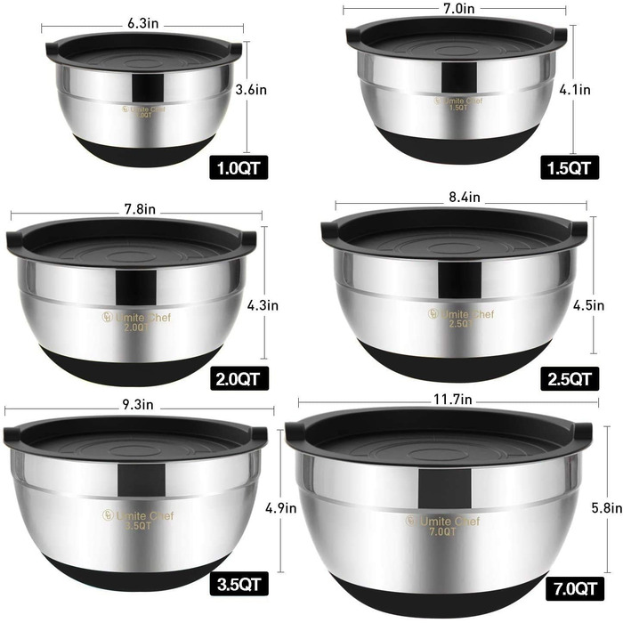 Umiten Mixing Bowls with Airtight Lids, 6-Piece Stainless Steel Metal Bowls Chef, Measuring Markings Durable Quality Size 7, 3.5, 2.5, 2.0, 1.5, 1QT, ideal for Mixing and Serving (Black)
