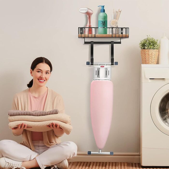 Настінна вішалка для праски та гладильної дошки MOREE, металева, чорна, для зберігання та декорування пральні