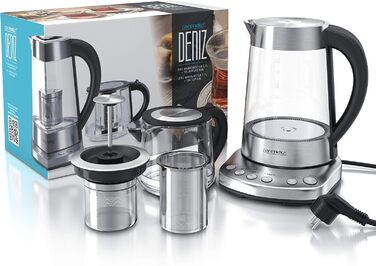 Arendo - Glass Water Kettle with Temperature Setting and Tea Strainer - Electric Kettle in Stainless Steel - Temperatures 70, 80, 90, 100 Degrees - 1.7 Liter - 2400 Watt - Keep Warm Function - BPA Free