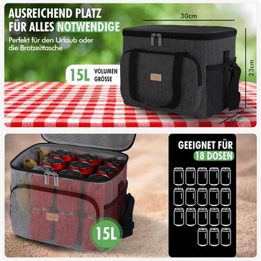 Чорна сумка-холодильник 15 літрів: компактна термосумка для пляжу, кемпінгу, обіду, подорожей, роботи - підтримує холод та тепло