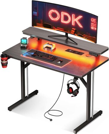 Small LED Gaming Desk with Power Outlets - 80cm Carbon Fiber PC Gamer Table