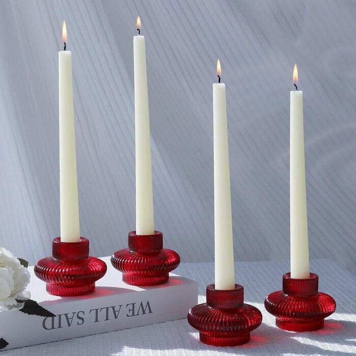 VOHO Candle Holders, Ribbed Glass, Stylish Boho Candle Holders, Stackable and Reversible, for Candle Stands and Votive Candles, e Candle Holders, Table Decoration, Set of 12 (Red/Getaway, Solid (Getaway Solids))