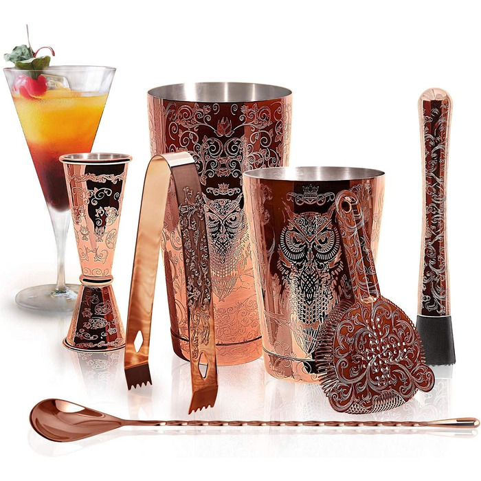 Sky Fish Cocktail Shaker Set, Etched Copper Cocktail Shaker Kit in Gift Box 7-Piece Set, Hand Wash, (Copper)