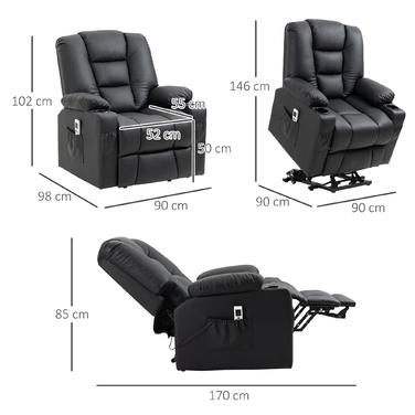 HOMCOM Massage Chair, Recliner with Rise Assist, TV Chair with USB Port, with Reclining Function, Wheels, Remote Control, Up to 150 kg, Black | Aosom
