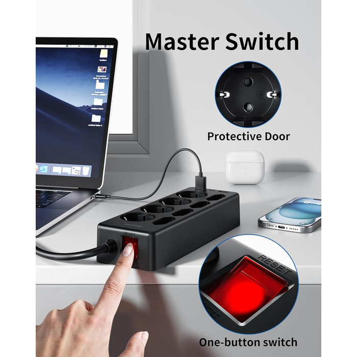 Мережевий фільтр Sameriver 8-фазний з захистом від перенапруги, 3 USB, вимикач, кабель 3M, чорний