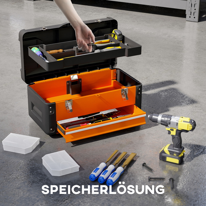 HOMCOM Empty Tool Box, 49.7 x 25.3 x 23 cm Tool Chest with Drawer, Mini-Box, Top Storage Compartment, Handle, Steel Tool Case, Orange | Aosom