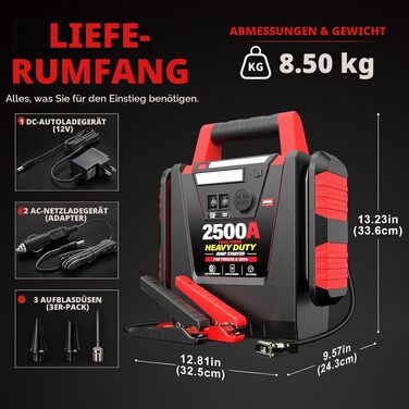 Пусковий пристрій (бустер) для авто та вантажівок 2500A з компресором 150 PSI, 12V акумулятор 20000mAh для бензинових та дизельних двигунів до 8.0L, Powerbank з ліхтарем 500LM, червоний