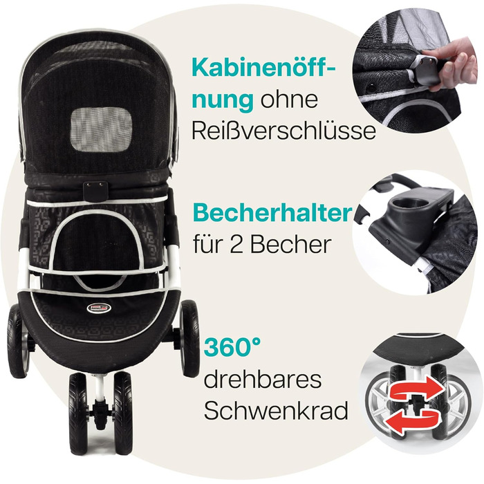 Візок для собак Innopet Monaco чорний з клямкою – універсальний візок для котів та собак, з дощем, складаний, знімний кошик, поворотне переднє колесо