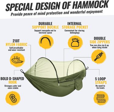Легка туристична гамак з москітною сіткою, 300 кг | Гамак для кемпінгу, подорожей, рюкзаків, туризму, саду (270x140 см)