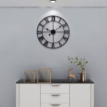 HAITANG Large Vintage Wall Clock, Black Round Metal Wall Clock Silent No Ticking, Battery Operated, 47cm Roman Numerals, Clocks for Living Room, Bedroom, Kitchen Decoration