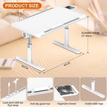 Стіл для ноутбука в ліжко Huracan, регульований, портативний, 60x40 см, чорний