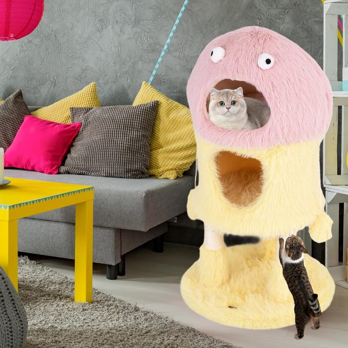 Дерев'яний кігтеточки для котів Costway з будиночками, 93 см, рожево-жовтий, з м'ячем