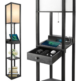 LED торшер OUTON з полицею та ящиком, 3 режими кольору, таймер 1год, 2 USB порти, для вітальні, спальні, офісу (Чорний)