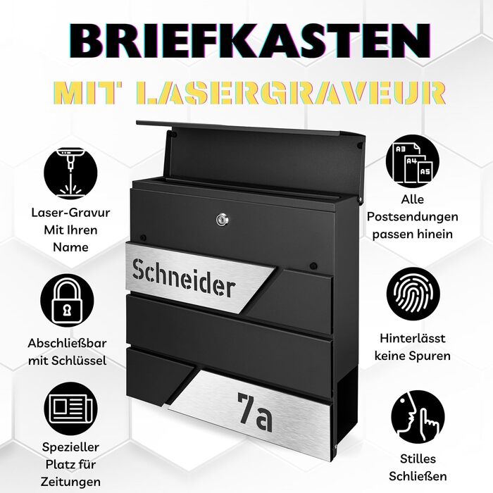 Поштовий ящик з газетницею з нержавіючої сталі, настінний, з замком та відділенням для преси, лазерне гравіювання (чорний)