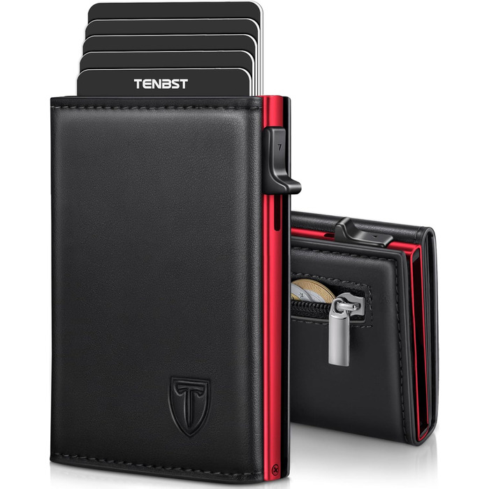 Чоловічий гаманець TENBST: Slim модель з RFID захистом, відділенням для монет та 8 відділеннями для карток (Червоний)