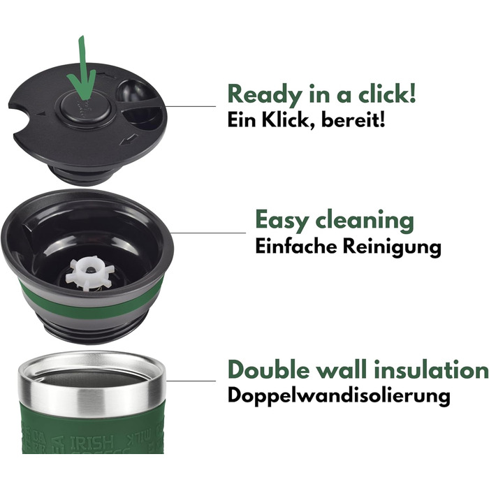 Термокружка Milu для кави з собою 370 мл, 450 мл, з подвійними стінками, з нержавіючої сталі, 100% захист від протікання, для автомобіля, travel mug (оливковий, 370 мл)