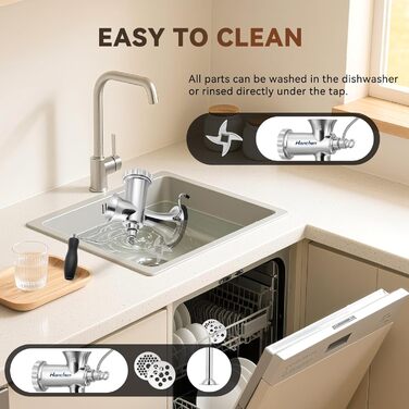 М'ясорубка ручна Hanchen з нержавіючої сталі з присоскою, насадкою для ковбас, 2 дисками та шреддером для овочів - посудомийна