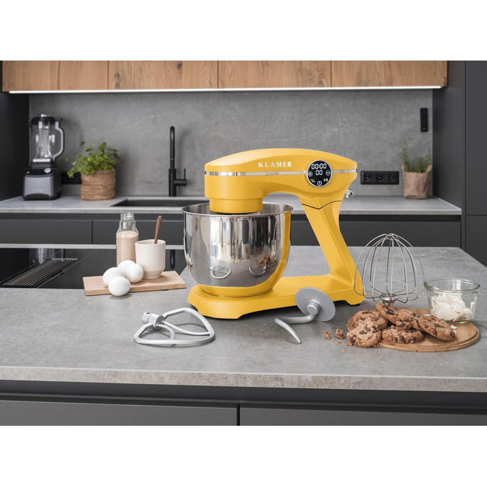 Кухонний комбайн KLAMER 1800W, планетарний міксер для тіста з чашею з нержавіючої сталі 6л (Premium Yellow)