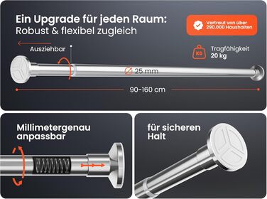 Штанга для душу без свердління 160-210 см, срібна, Ø 25 мм, телескопічна, з кріпленнями - для ванної, душової кабіни та перегородки (90-160 см, нержавіюча сталь)