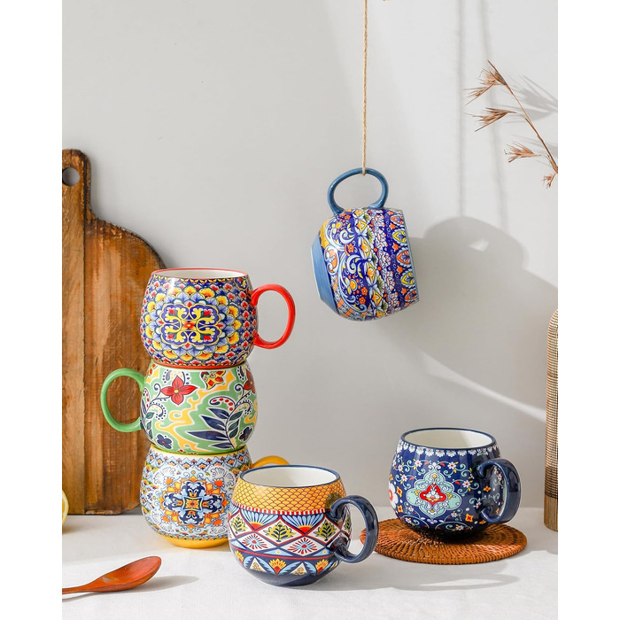 HENXFEN Cappuccino Cup Set, 600ml Porcelain Coffee Cups with Handle, Set of 6 Porcelain Cups for Tea, Coffee, Milk, Cappuccino with Pattern and Colorful - Bohemian Style