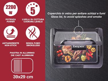 BEPER Electric Grill with Glass Lid - Non-Stick Coated Grill Plate, Stainless Steel, 2200W, Black
