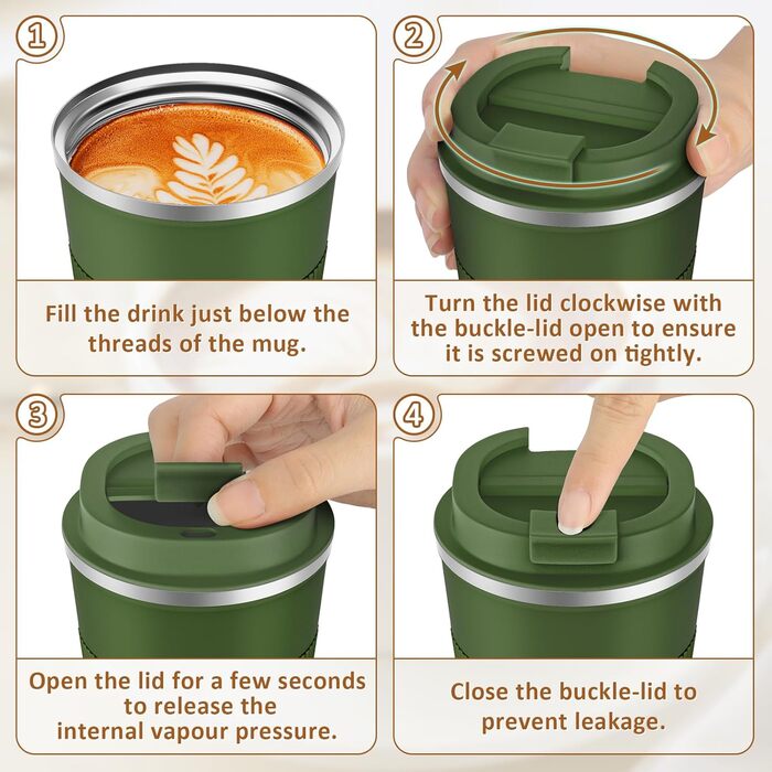 Термокружка KETIEE 510мл, з подвійними стінками, для кави та чаю, оливковий колір