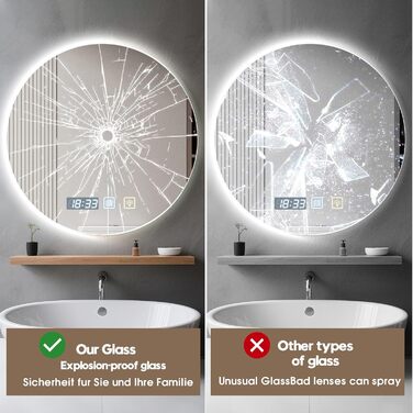 Дзеркало для ванної кімнати Viugreum з підсвічуванням 50x75 см, овальне LED дзеркало, регульована яскравість, 3 кольори світла, протитуманне покриття, годинник, сенсорна кнопка, LED дзеркало для ванної кімнати, вітальні (60 см кругле)
