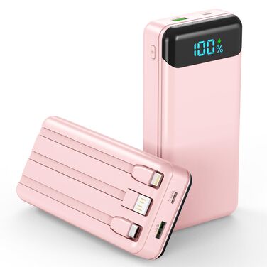 Power Bank Enerwow 27000mAh з USB-C кабелем, 4 порти, LED дисплей - Зовнішній акумулятор для iPhone та інших пристроїв (Рожевий, P300C)