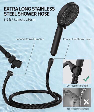 Душова лійка SR SUN RISE з фільтром, шланг та картриджі, 9 функцій, високий тиск, для жорсткої води, видаляє хлор, важкі метали, бактерії, чорний глянцевий колір