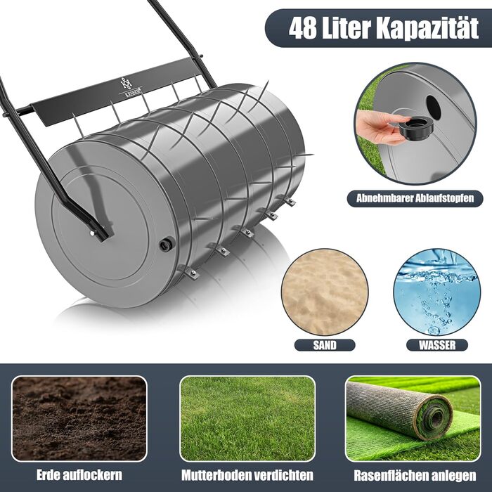 Коток для газону KESSER металевий, заповнюється водою або піском, 48 л, 60 см, з 5 наборами шипів і рукавичками, садова ручна валка, антрацит