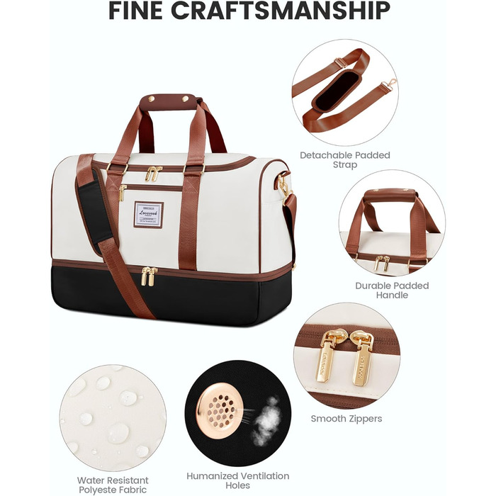 Спортивна сумка LOVEVOOK 37L для подорожей: Weekender, Duffel, Carry-on з відділенням для взуття та мокрих речей, водонепроникна, для відпочинку, авіаперельотів (L, Бежево-чорно-коричнева)
