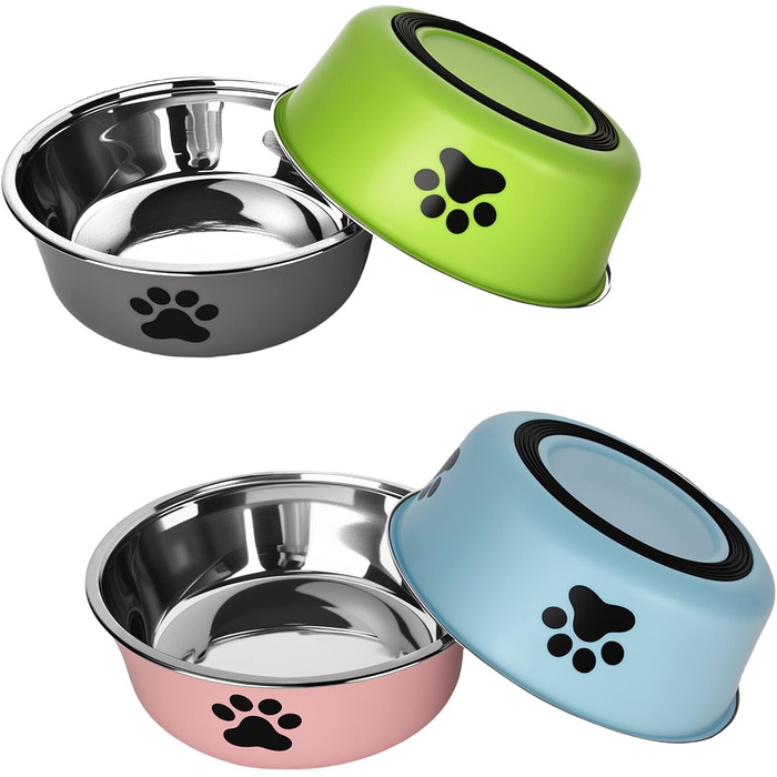 Набір з 4 мисок для собак з нержавіючої сталі з неслизьким силіконовим дном, 900 мл, для корму та води (зелений, сірий, блакитний, рожевий)