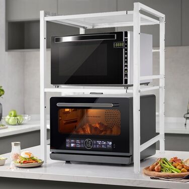 Поличка для мікрохвильової печі, 3 яруси, органайзер з гачками, розширювана, 40-64 см, з вуглецевої сталі, білий