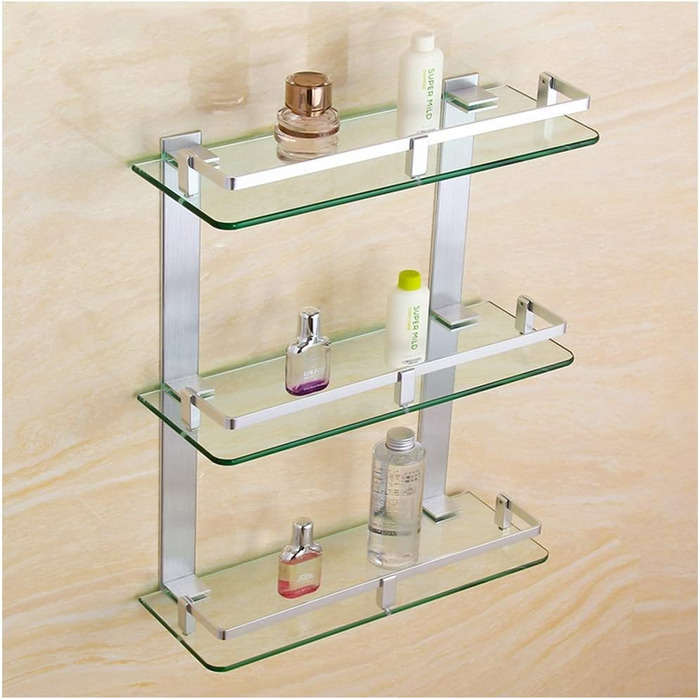 Modern Bathroom Shelf Made of Tempered Glass with 3 Tiers, Wall Mount, Storage Shelf for Bathroom and Kitchen (60 cm)