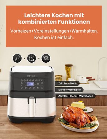 Аерофритюрниця Proscenic T21 5,5 л XXL з додатком та голосовим керуванням, 1700 Вт, цифровий LED-дисплей, функції попереднього нагріву, таймера та підтримки тепла, без олії, легке керування