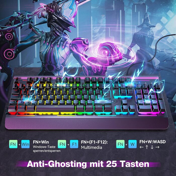 TECKNET RGB ігрова клавіатура для ПК, мембранна, 105 клавіш, повний металевий корпус, підставка для зап'ястя, 15 зон RGB підсвічування, 25 антиблінд, клавіатура для комп'ютера, німецька розкладка (QWERTZ)